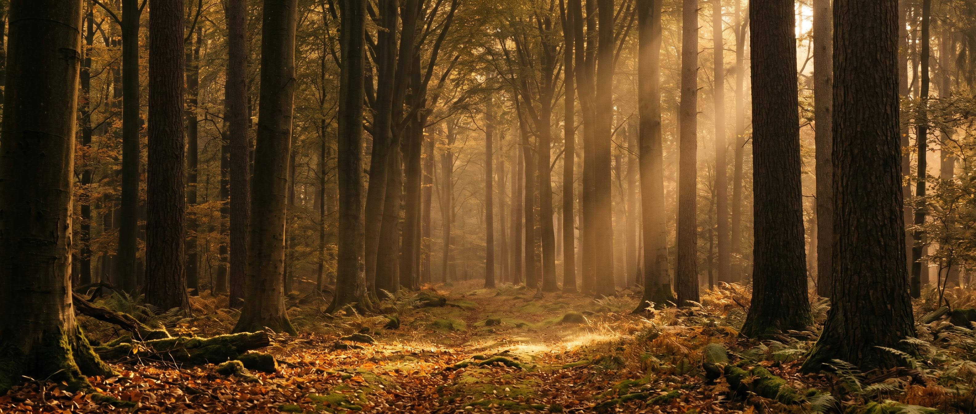 A quiet cathedral forest in late afternoon, with soft golden shafts of light angling down through tall trees onto a forest floor of fallen leaves.